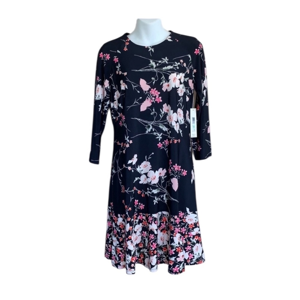 ELIZA J soft knit navy floral dress, contrasting floral  section @ bottom 8 NWT